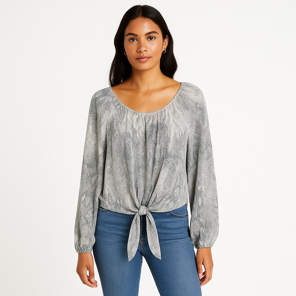 Olivaceous Snakeskin Tie Front Boho Blouse Sheer Long Sleeve M
